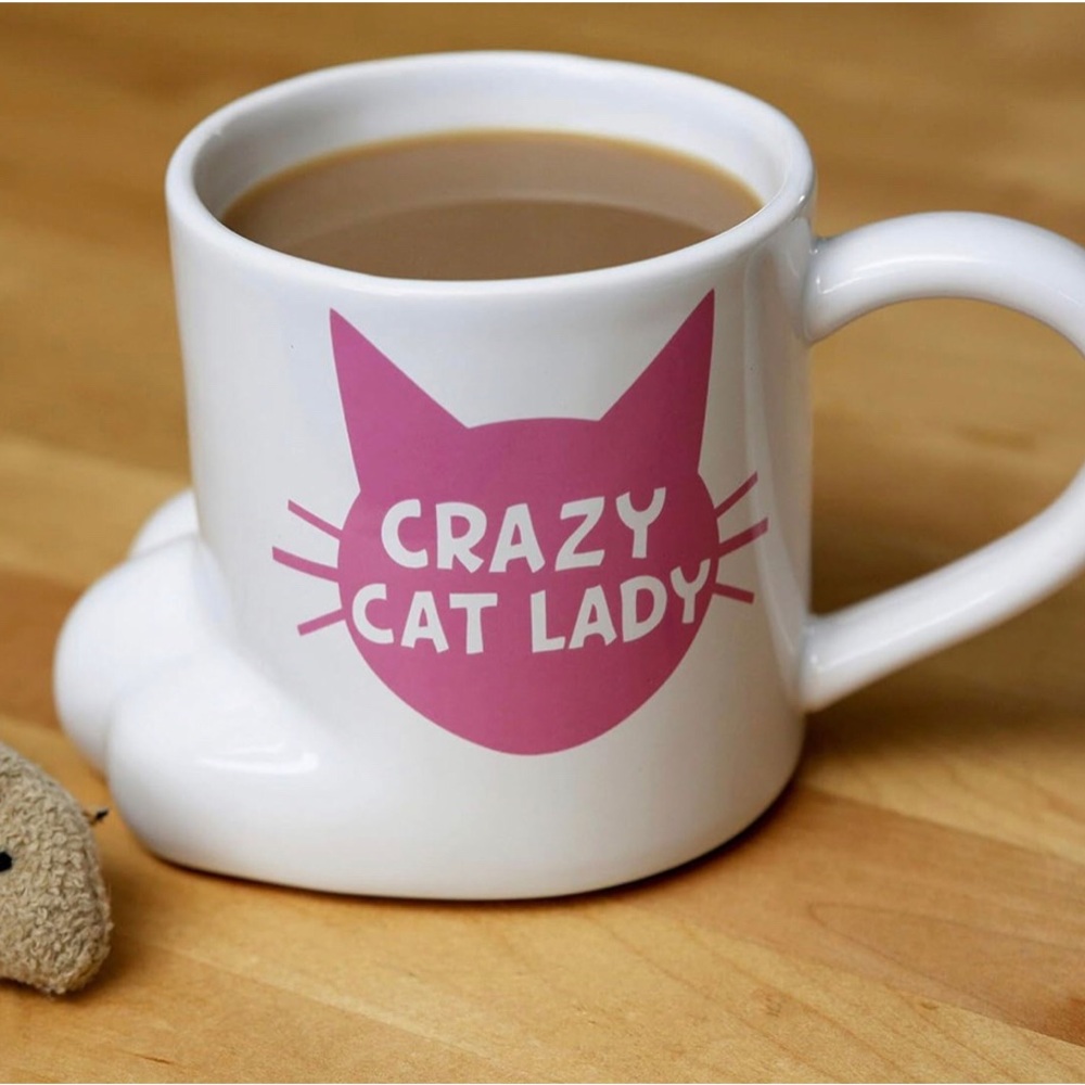 Big Mouth Crazy Cat Lady Cat Paw Coffee Tea Ceramic Mug White Pink 20oz Drink